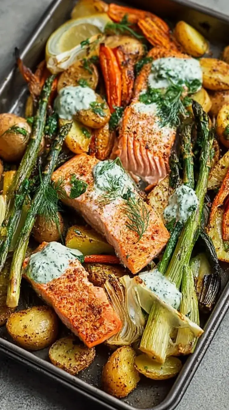 Roasted salmon fillets with asparagus spears and baby potatoes on a sheet pan with lemon slices and dill.