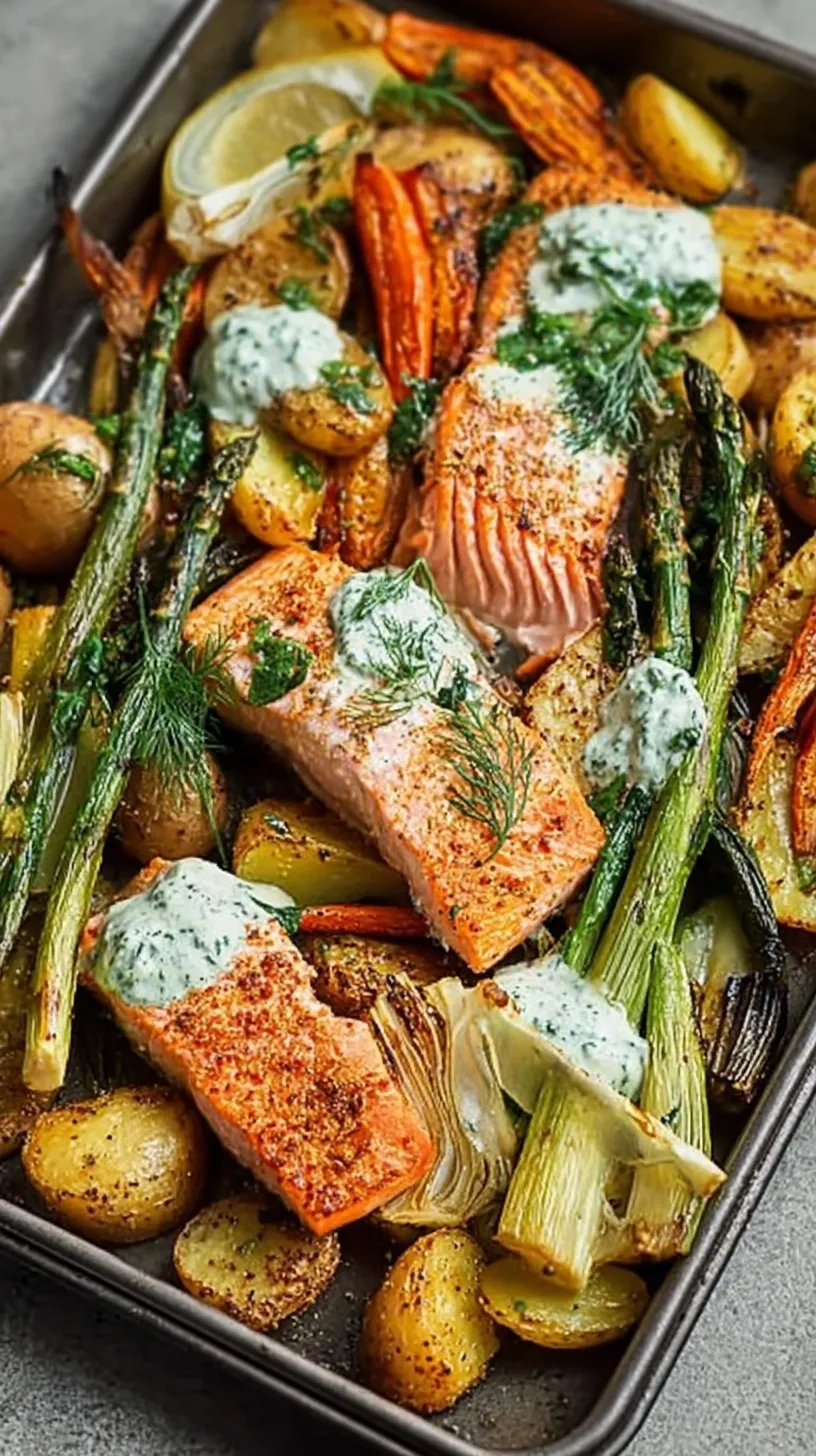 Roasted salmon fillets with asparagus spears and baby potatoes on a sheet pan with lemon slices and dill.