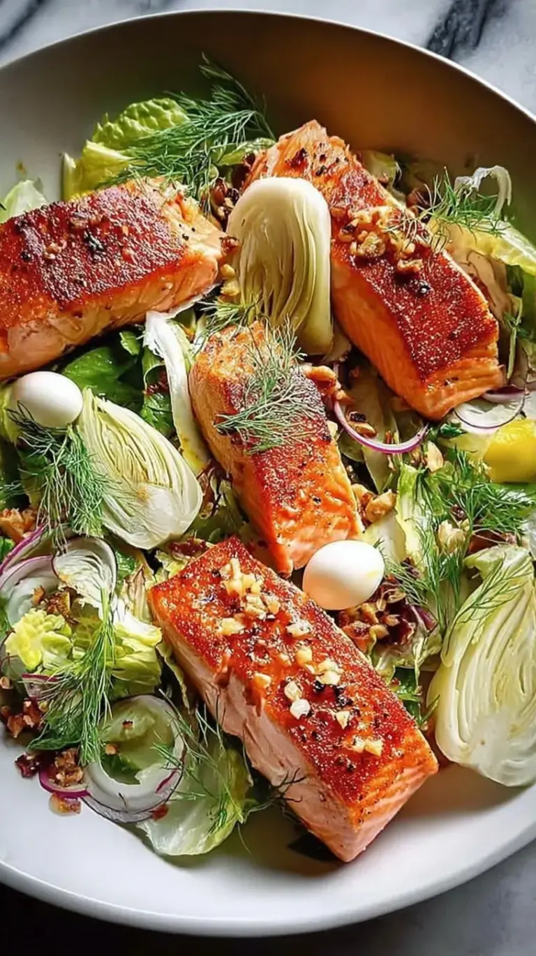 Pan-seared salmon fillet over a bed of shaved fennel and arugula salad with lemon dressing