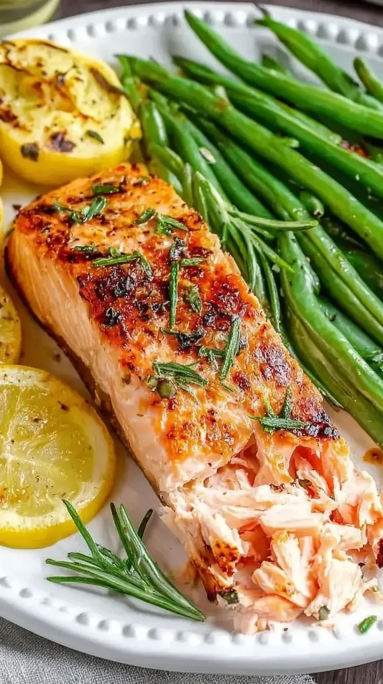 Roasted salmon fillets with lemon slices and fresh green beans on a parchment-lined sheet pan.