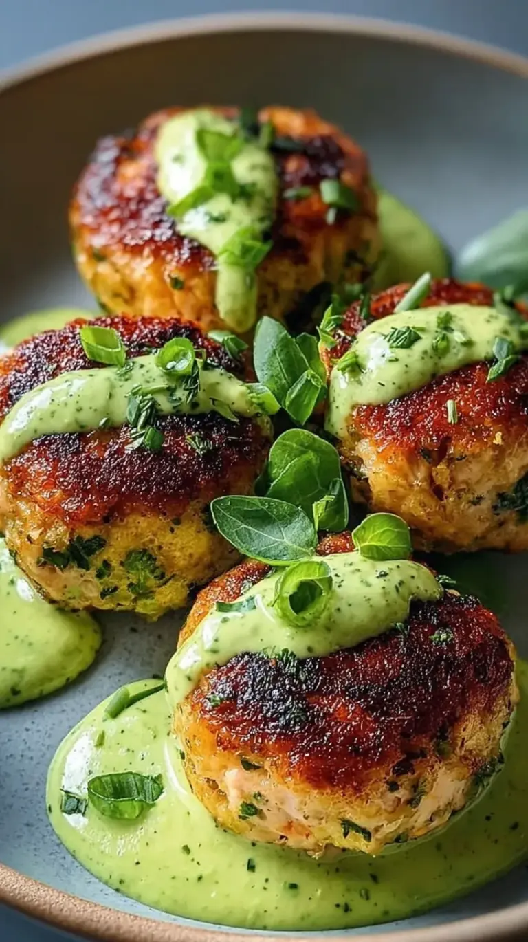 Golden brown pan-seared salmon balls served with a vibrant green avocado sauce