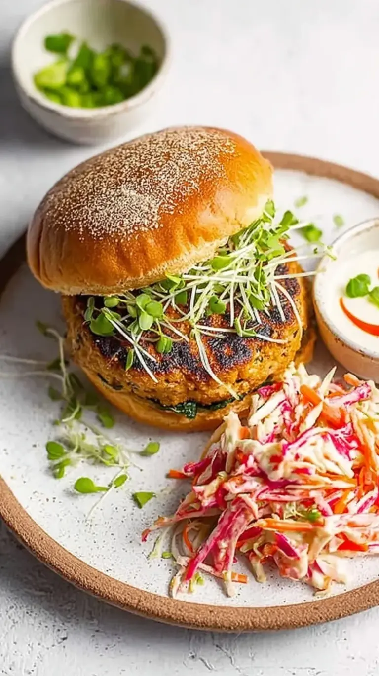 Juicy hand-chopped salmon burger on a toasted brioche bun topped with creamy sriracha cabbage slaw.