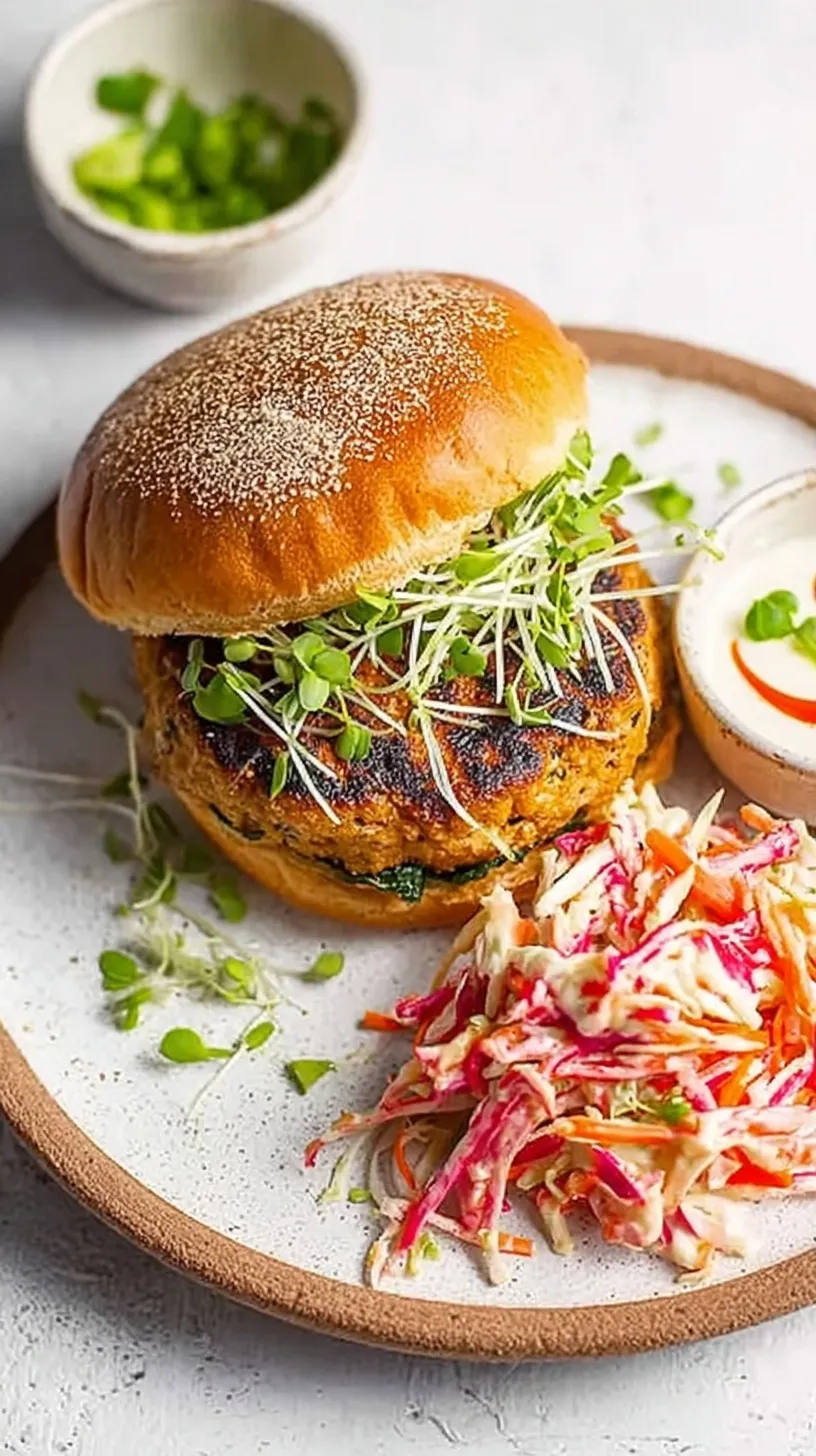 Juicy hand-chopped salmon burger on a toasted brioche bun topped with creamy sriracha cabbage slaw.
