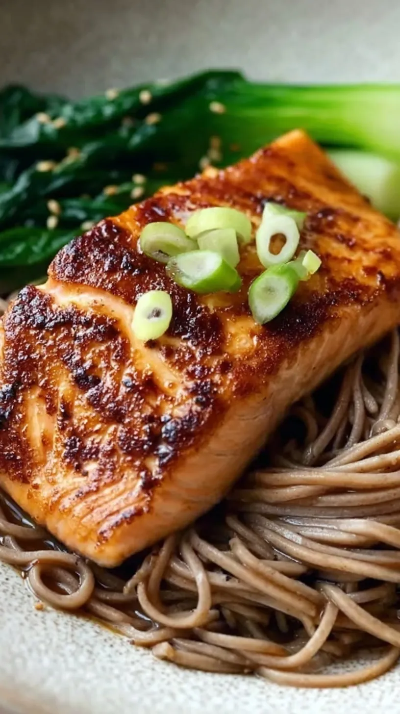 Chilled Salmon Soba Noodle Salad with julienned cucumbers and edamame in a bowl