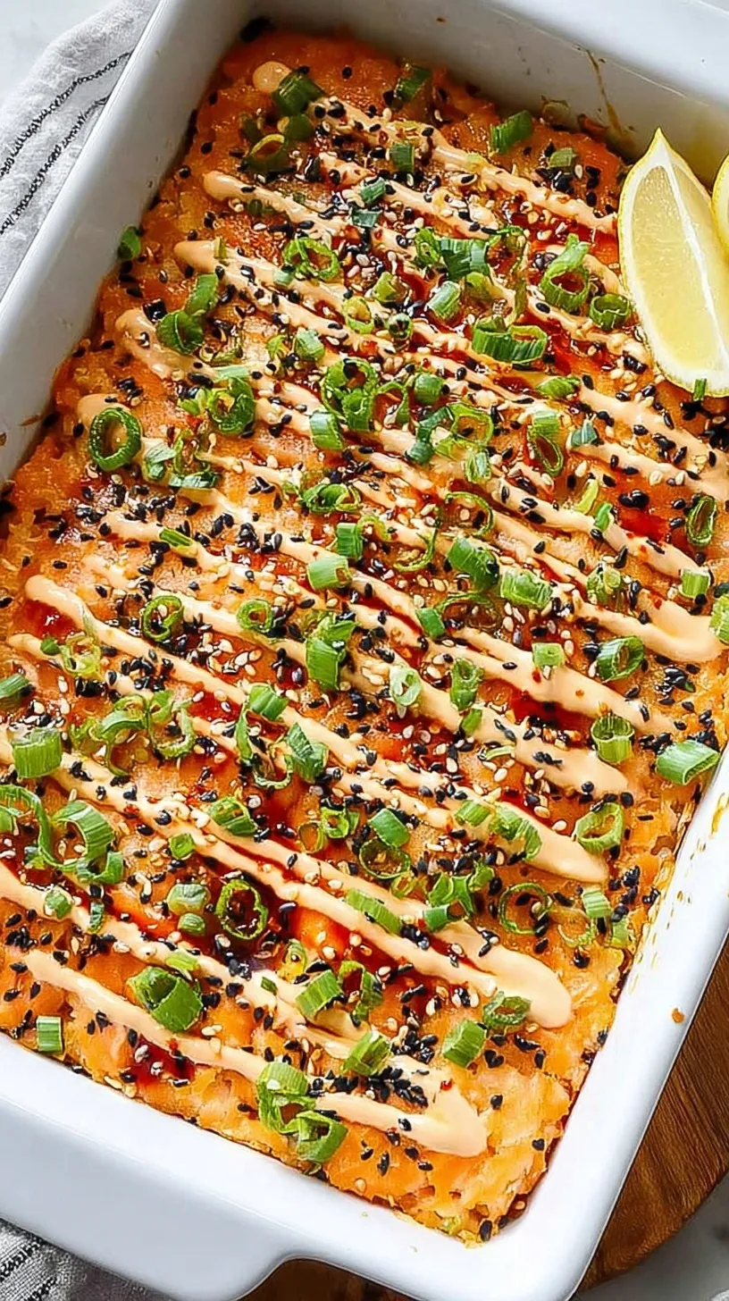 A close-up shot of a creamy Salmon Sushi Bake in a baking dish, topped with unagi sauce, furikake, and green onions, served with nori sheets.