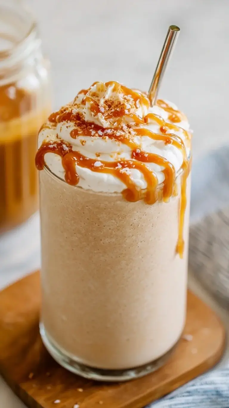 A creamy salted caramel protein shake in a glass with a sprinkle of sea salt on top