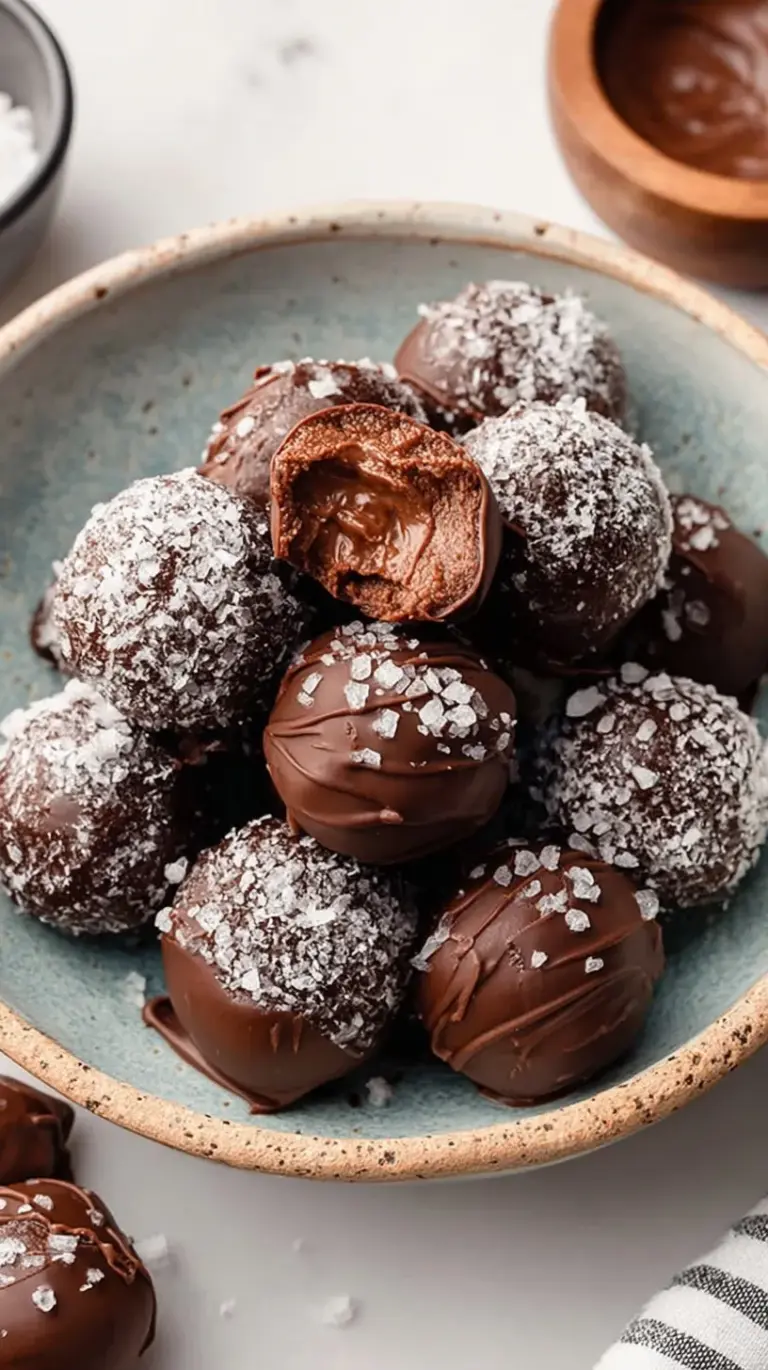 A tray of chocolate-covered protein balls topped with flaky sea salt