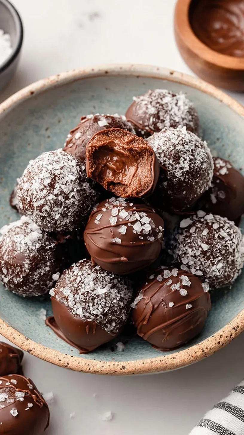 A tray of chocolate-covered protein balls topped with flaky sea salt