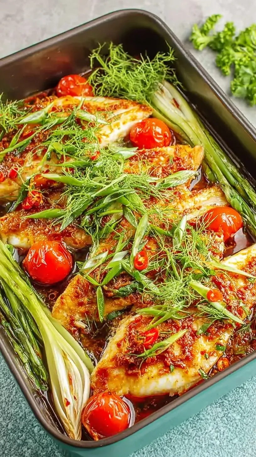 Pan-seared sea bass fillet topped with a vibrant red sambal lemongrass sauce in a black skillet
