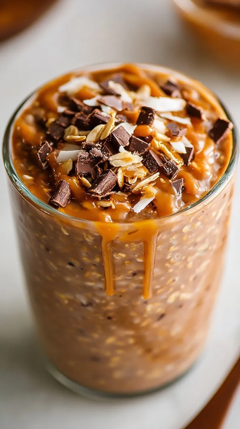 A glass jar filled with creamy Samoas overnight oats topped with toasted coconut, chocolate chips, and caramel drizzle.