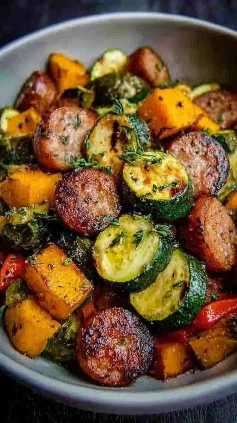 Sliced smoked sausage and colorful sautéed vegetables in a cast iron skillet