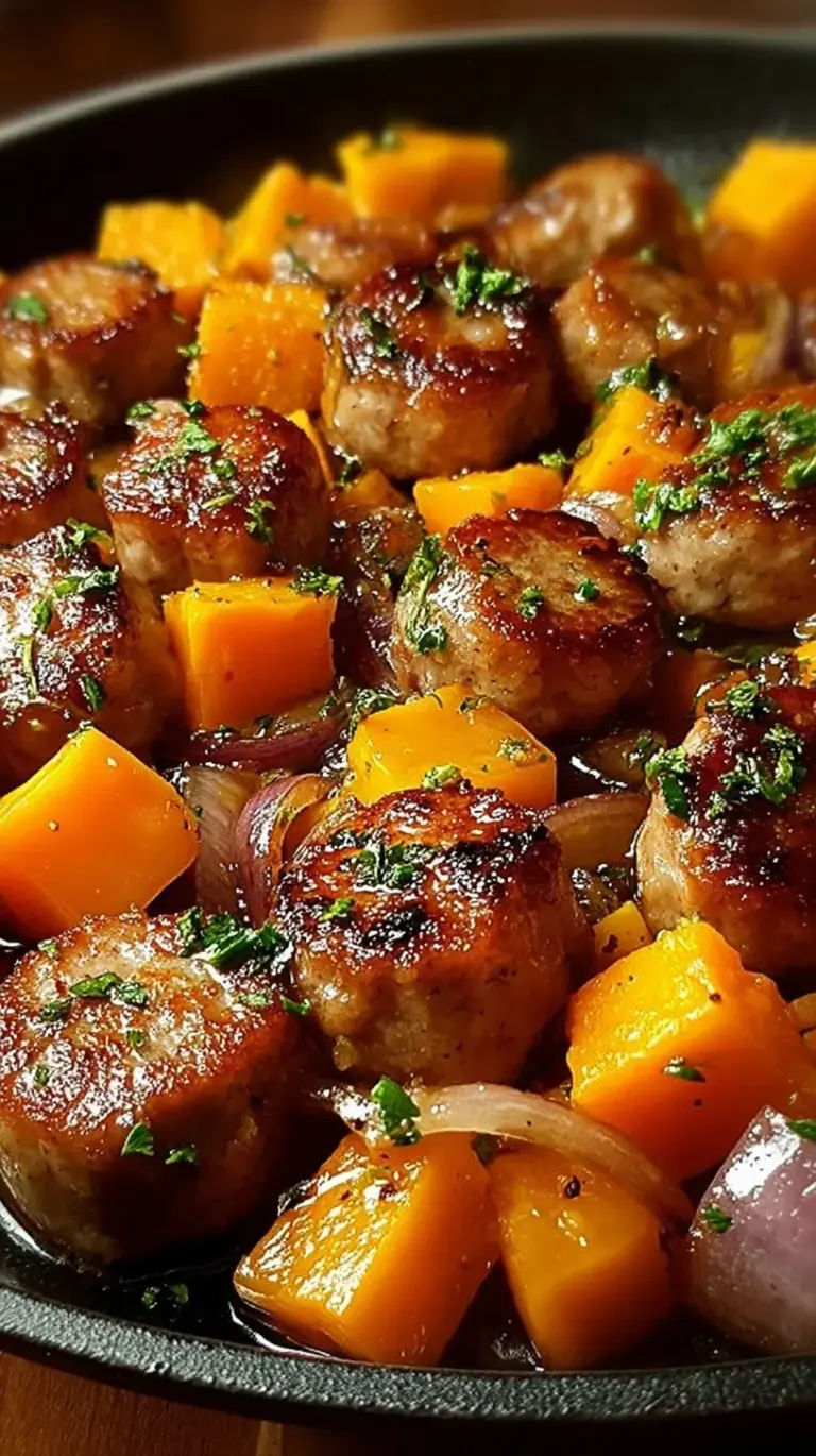 Roasted smoked sausage and cubed sweet potatoes on a sheet pan with honey garlic glaze and fresh parsley
