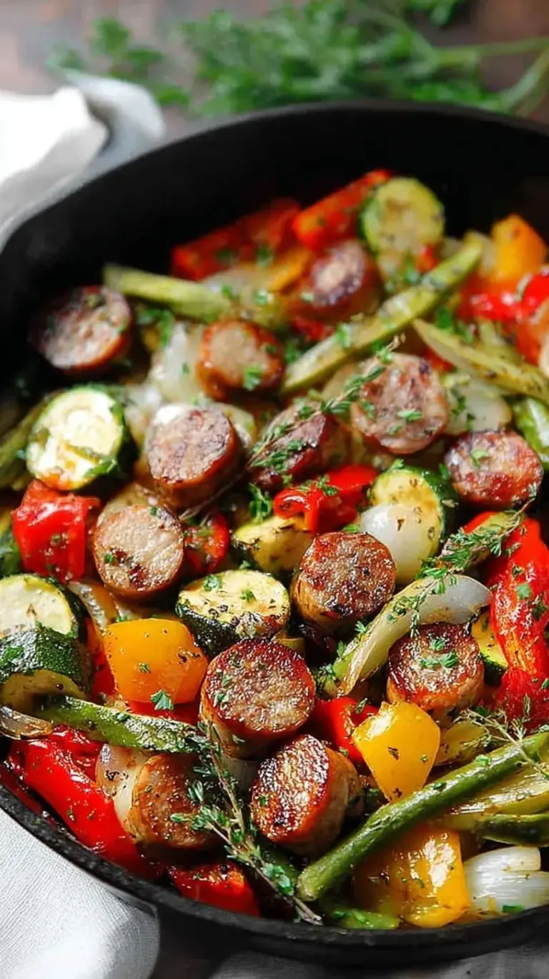 A colorful one-pan sausage and veggies skillet with browned smoked sausage, peppers, and zucchini garnished with parsley.