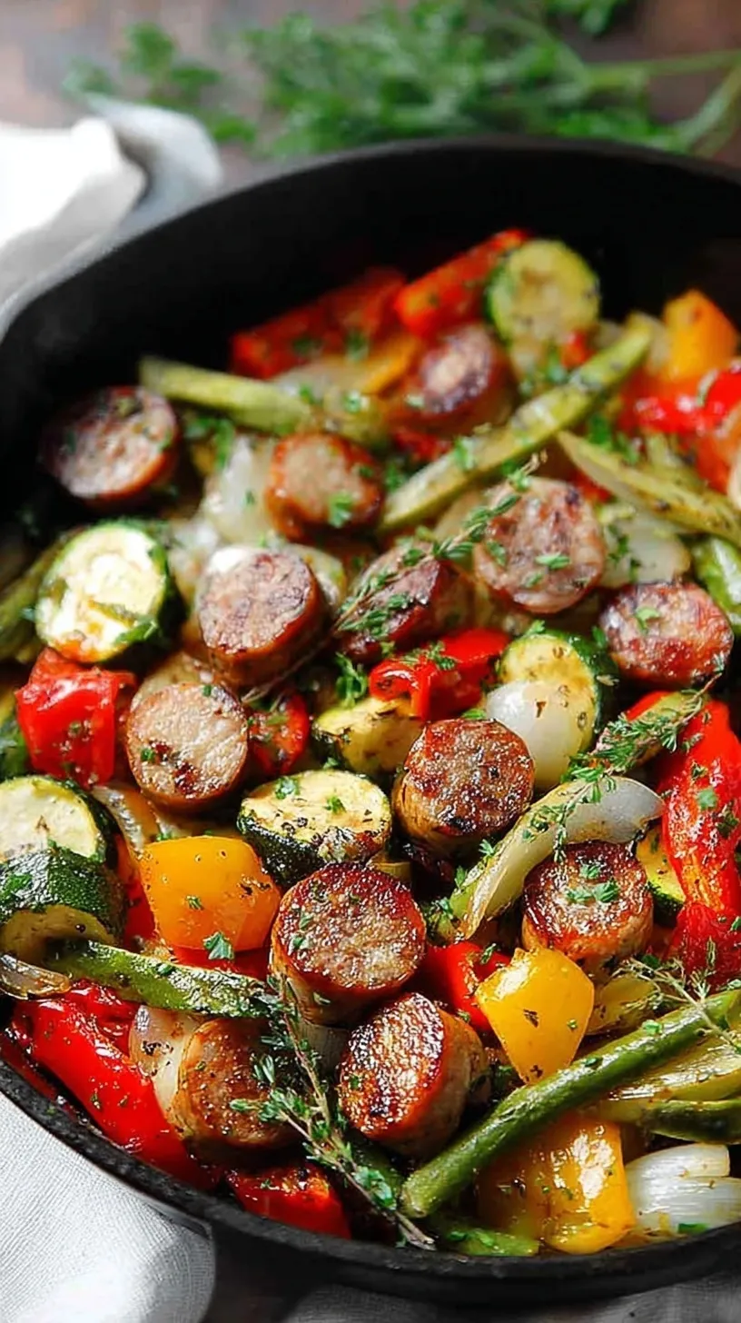 A colorful one-pan sausage and veggies skillet with browned smoked sausage, peppers, and zucchini garnished with parsley.