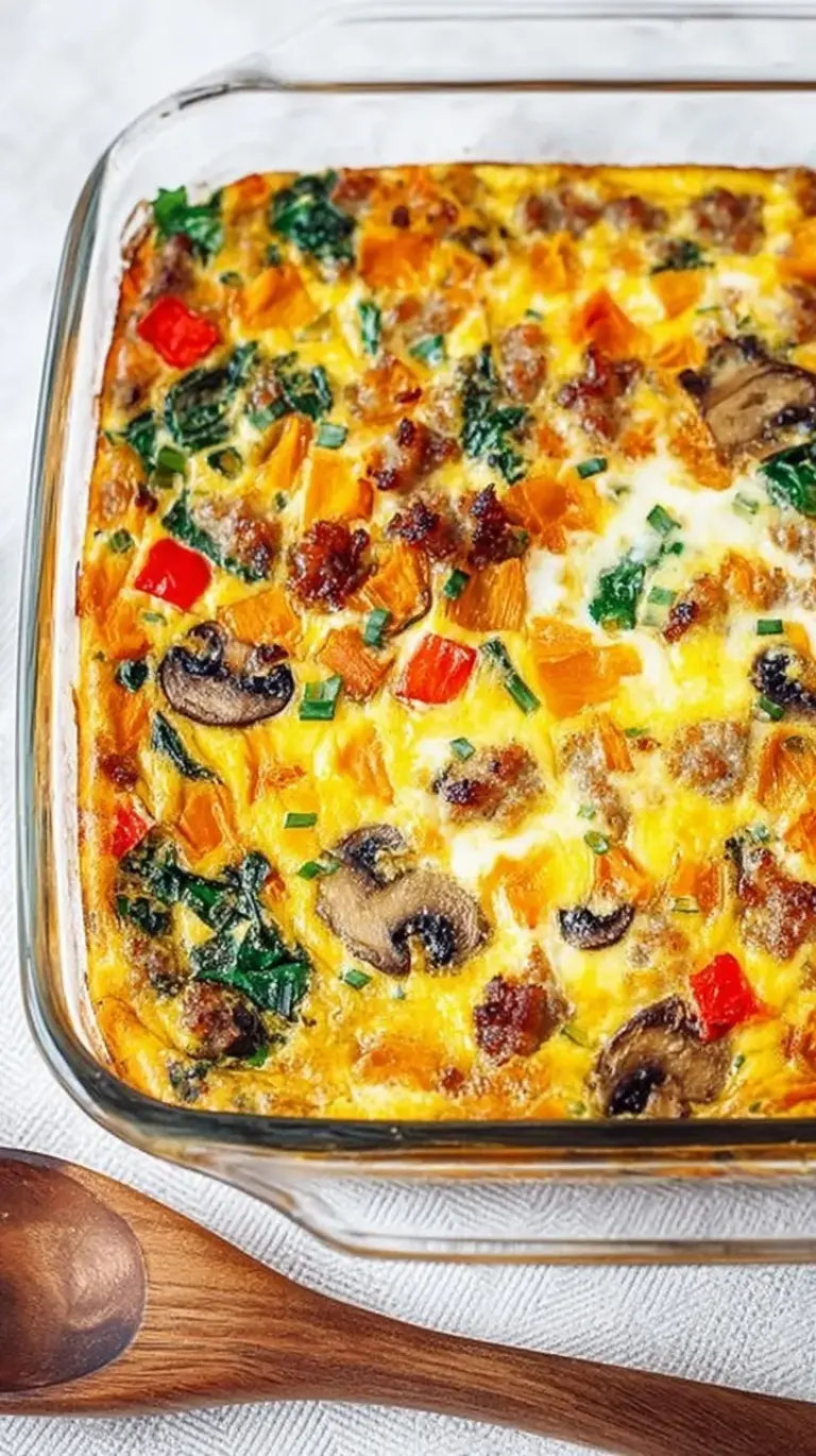 Golden brown sausage egg casserole with melted cheese and fresh spinach in a white baking dish.