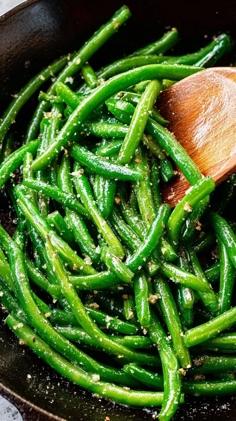 A skillet filled with vibrant green sautéed green beans tossed in garlic butter and lemon juice.