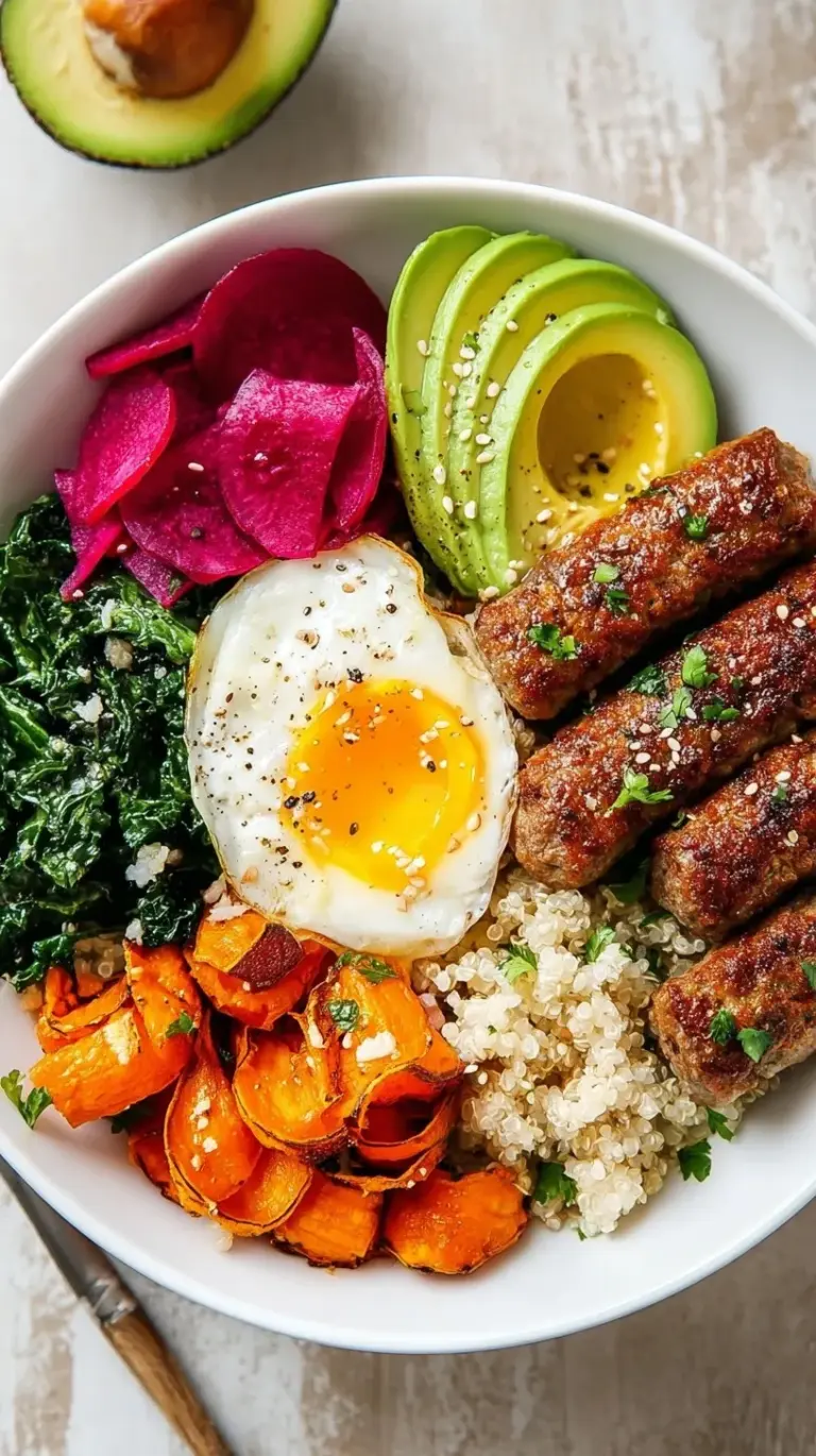 A colorful savory breakfast bowl with quinoa, sautéed kale, blistered tomatoes, sliced avocado, and a poached egg on top.