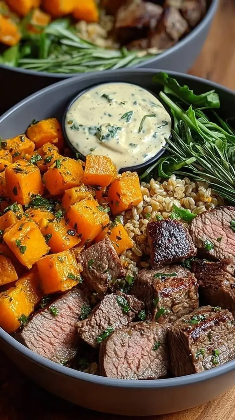 A bowl with seared steak cubes, roasted butternut squash, quinoa, and spinach drizzled with garlic herb butter.