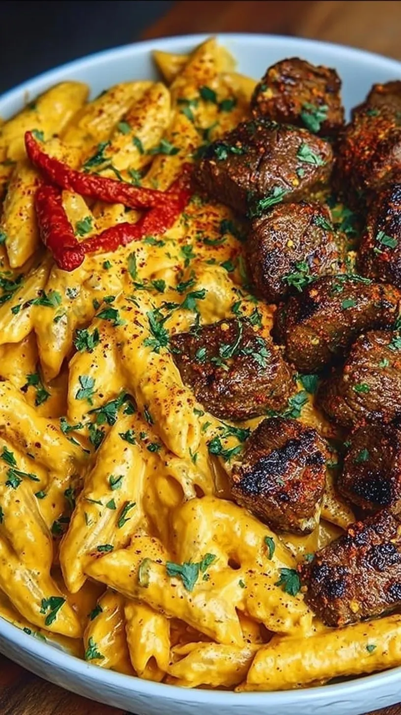 Pan-seared Cajun steak tips served over creamy penne pasta with Parmesan sauce and fresh parsley garnish