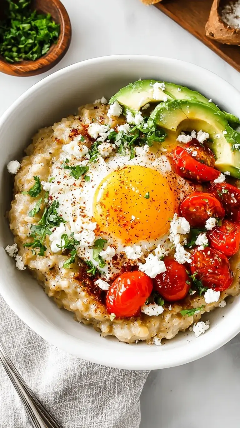 A bowl of creamy savory oatmeal topped with a runny fried egg, Parmesan cheese, and fresh chives.