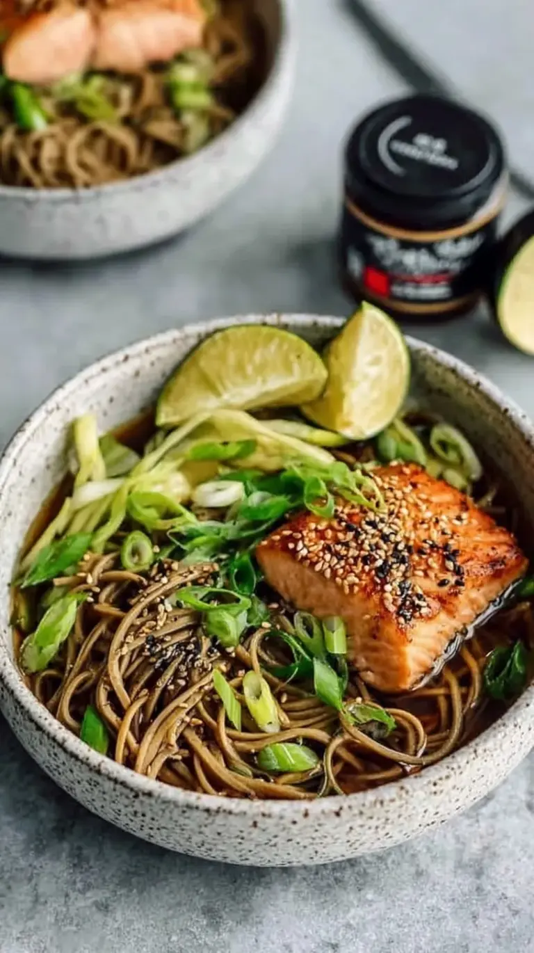 A vibrant Sesame Ginger Soba Bowl topped with pan-seared salmon, edamame, and cucumbers.