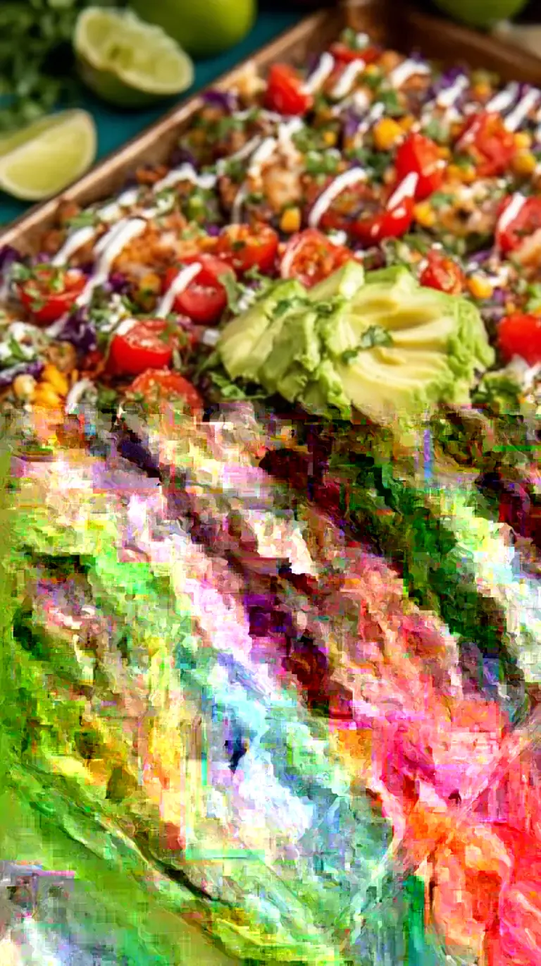 A sheet pan of crispy fish nachos topped with blackened tilapia, melted cheese, black beans, corn, and avocado.