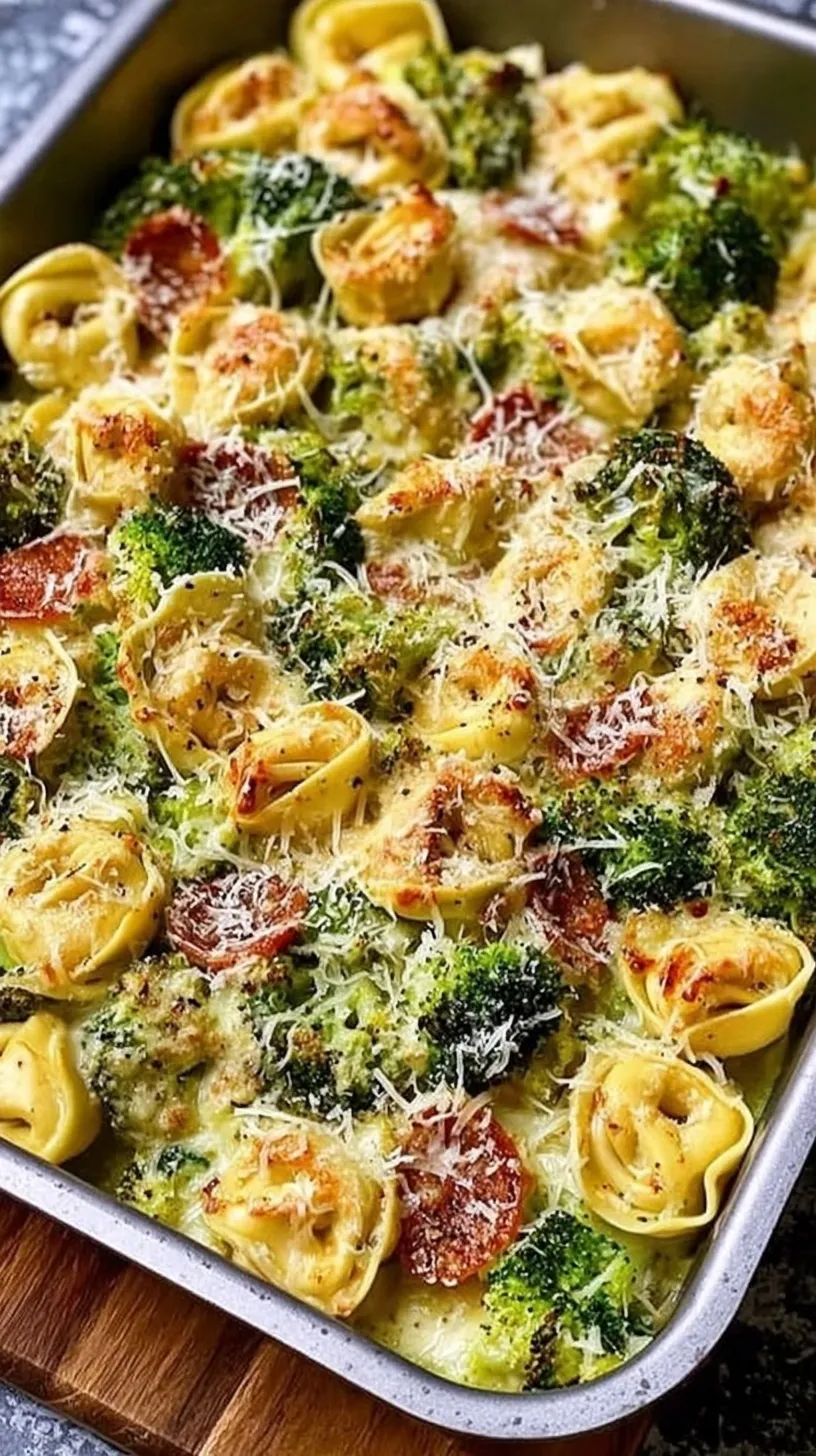 Golden toasted cheese tortellini and roasted broccoli on a sheet pan with melted mozzarella.