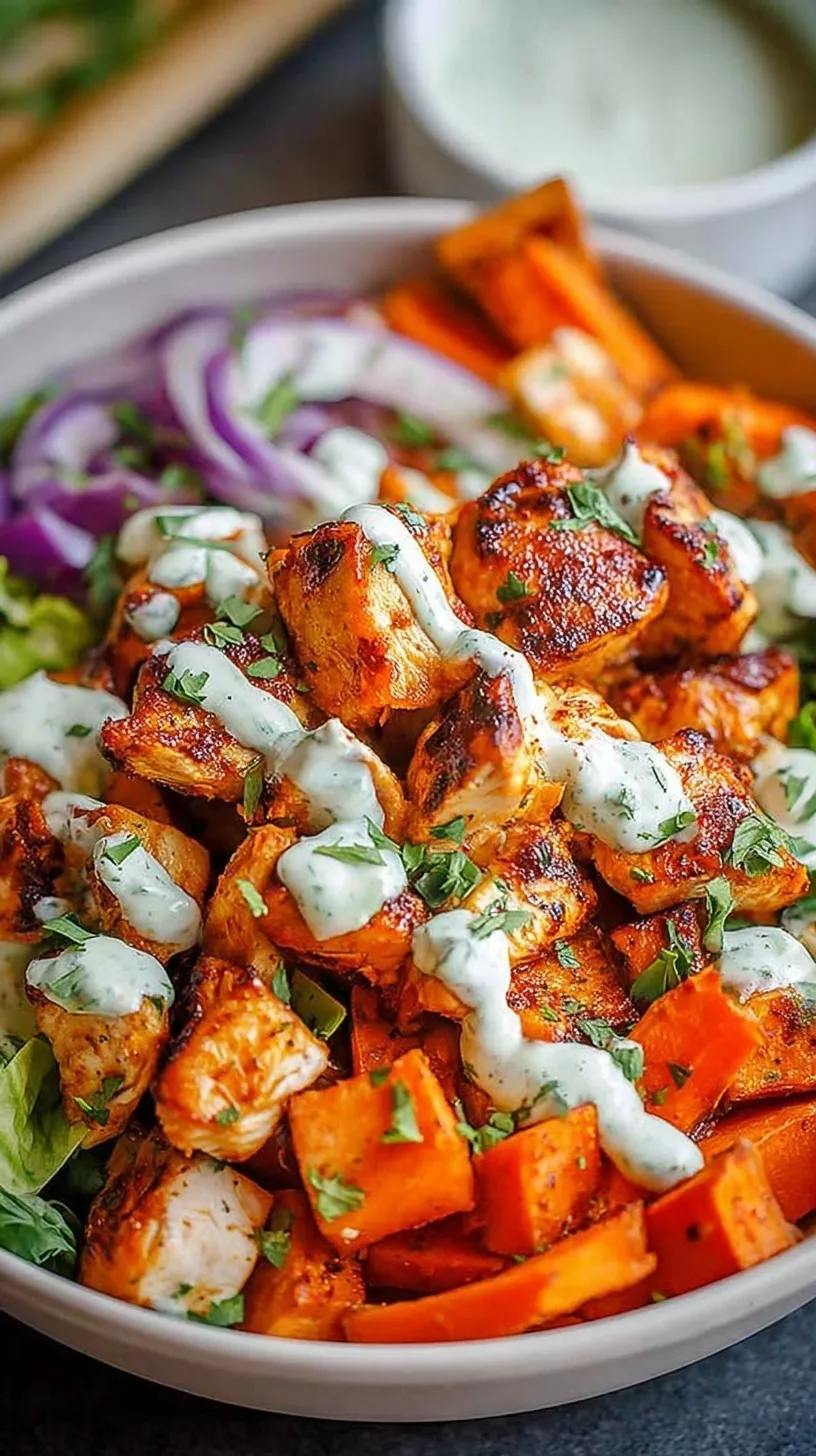 Roasted buffalo chicken cubes and sweet potatoes on a sheet pan with blue cheese