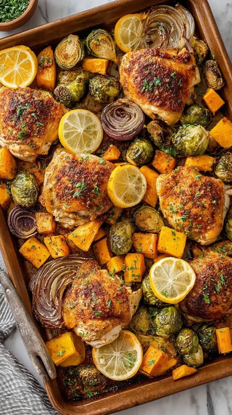 A colorful sheet pan filled with roasted chicken cubes, broccoli, bell peppers, and red onions.