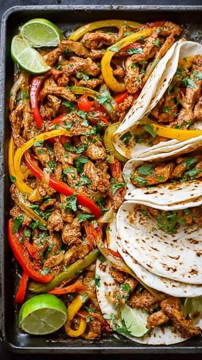 Sizzling sheet pan chicken fajitas with charred bell peppers and onions on a baking sheet