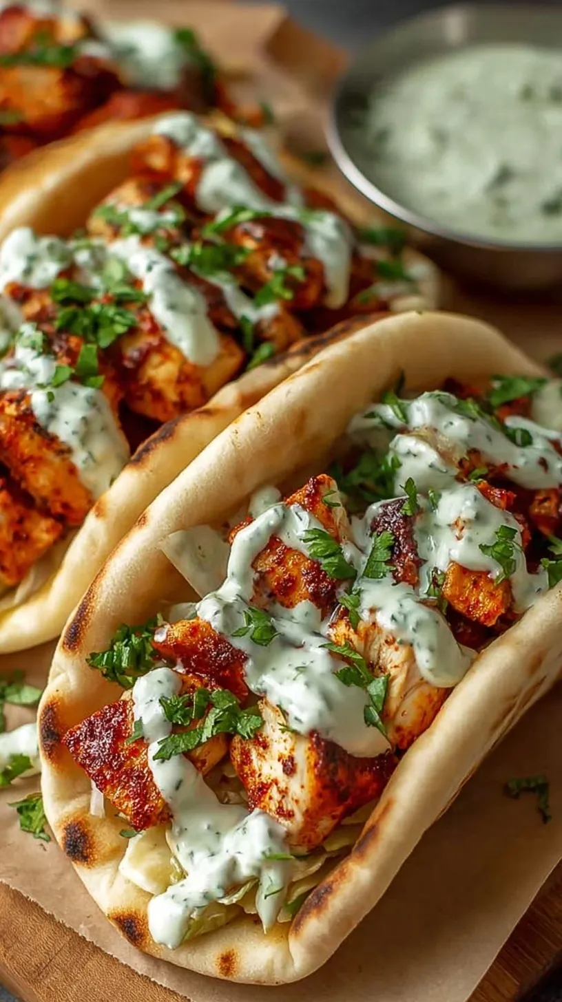 Roasted chicken strips, bell peppers, and red onions on a sheet pan next to warm pitas and a bowl of herby ranch sauce.