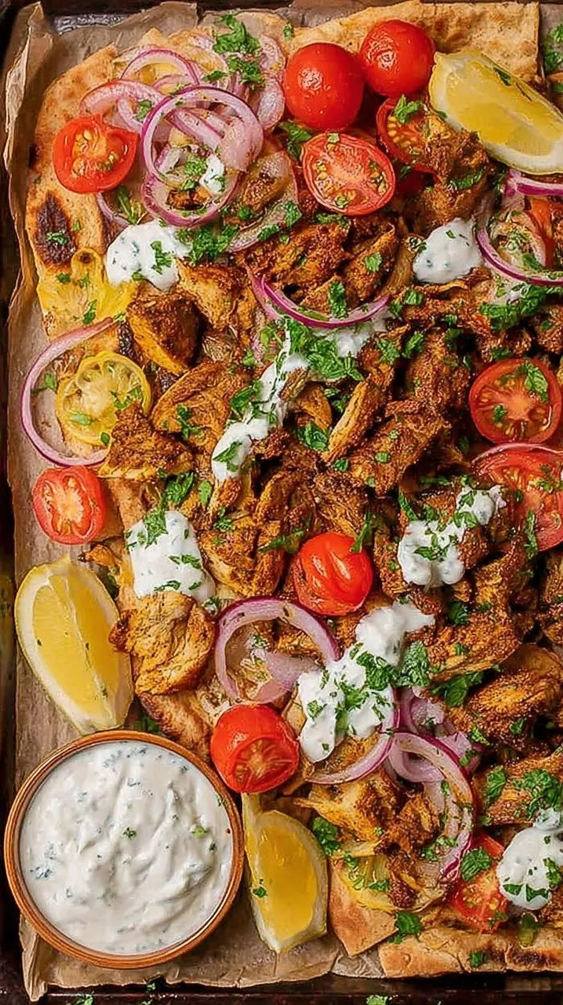 Golden roasted chicken shawarma with bell peppers and red onions on a sheet pan