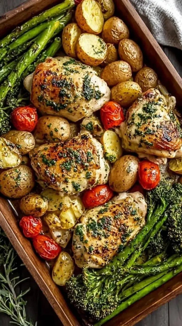 Roasted sheet pan chicken with potatoes and broccoli drizzled in garlic butter