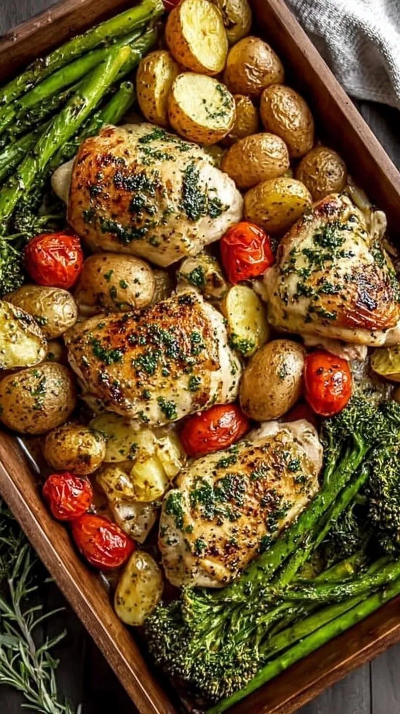 Roasted sheet pan chicken with potatoes and broccoli drizzled in garlic butter