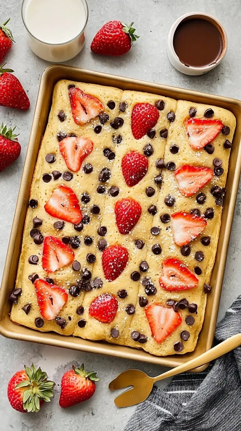 Golden brown sheet pan pancakes topped with blueberries and chocolate chips sliced into squares
