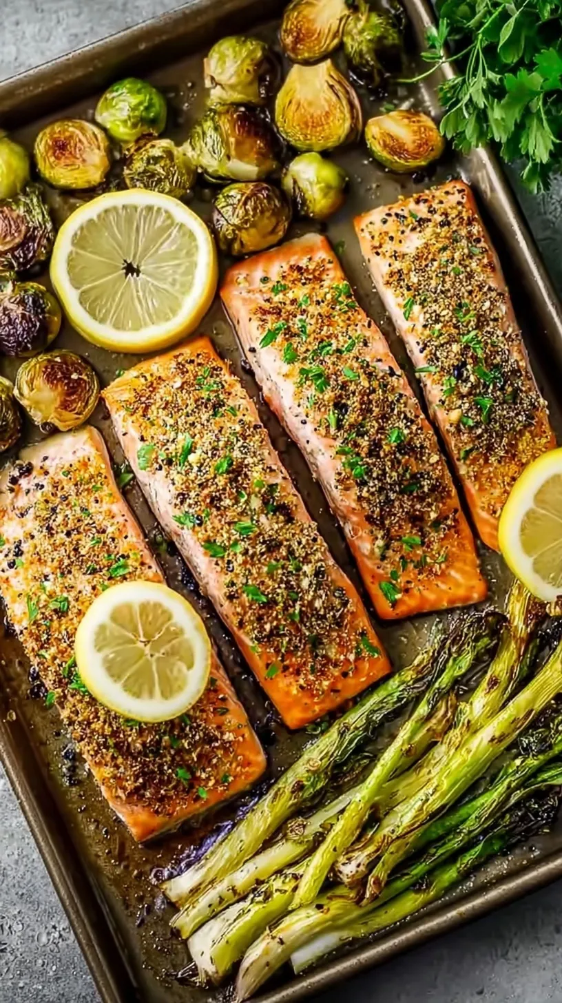 Oven-roasted salmon fillets with caramelized Brussels sprouts and lemon slices on a sheet pan