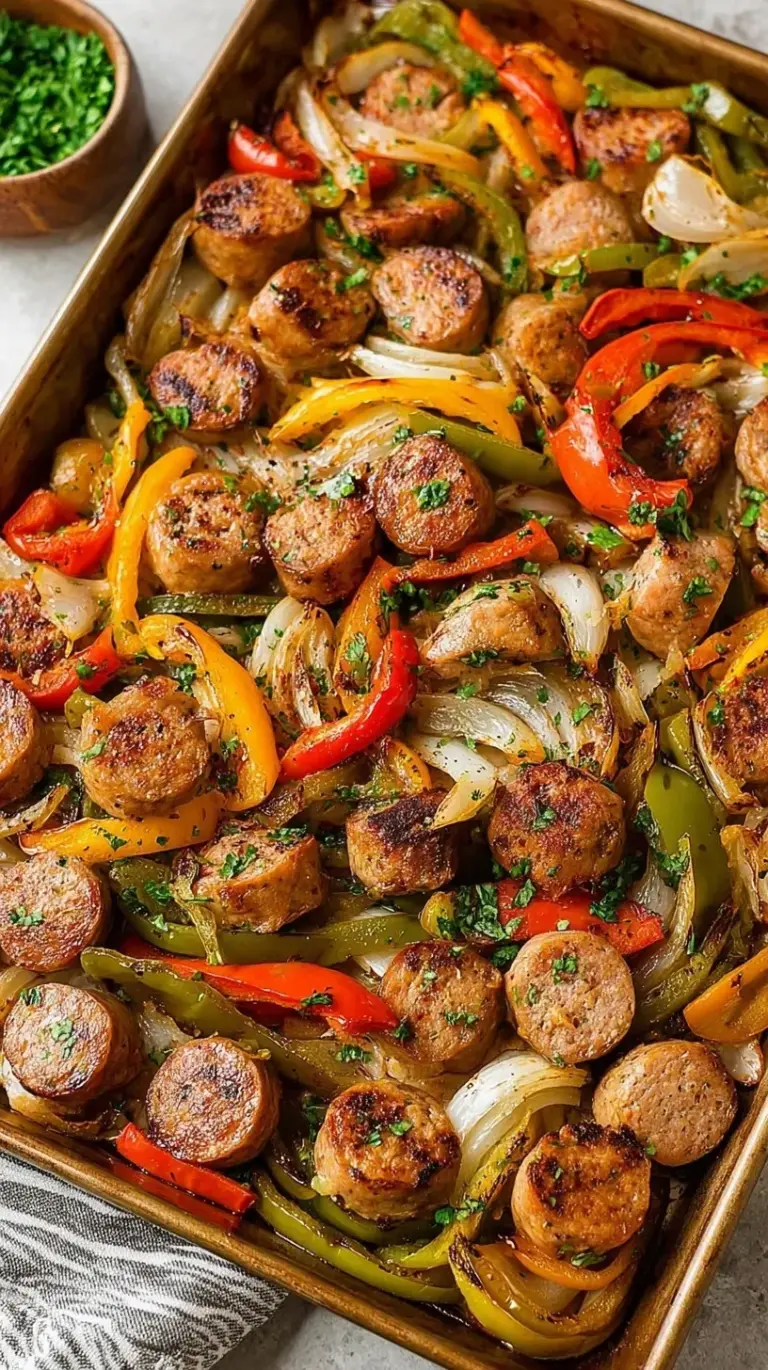Roasted Italian sausages with charred red and green bell peppers and onions on a sheet pan