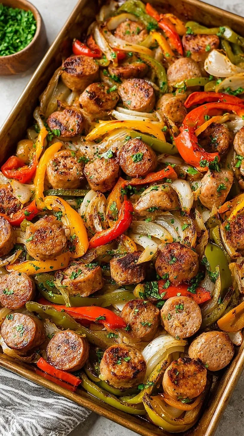 Roasted Italian sausages with charred red and green bell peppers and onions on a sheet pan