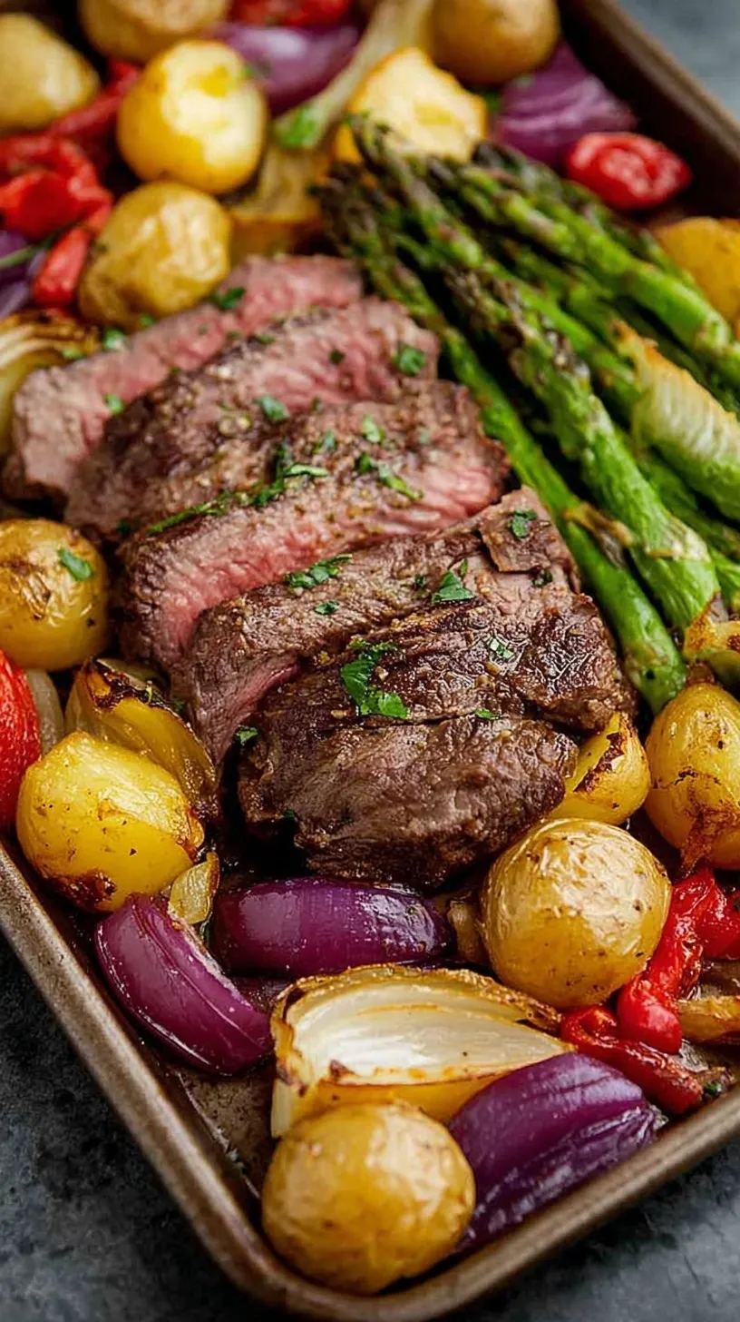 Juicy sliced flank steak with roasted broccoli, red onions, and bell peppers on a large rimmed sheet pan.