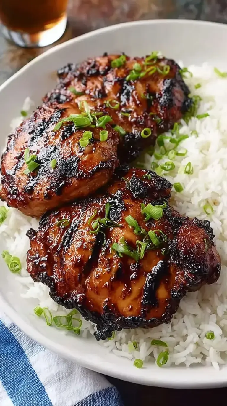 Glazed Hawaiian Shoyu Chicken served over white rice with green onions