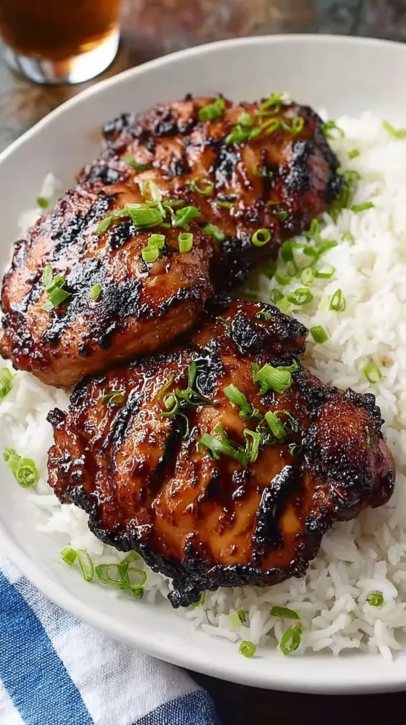 Glazed Hawaiian Shoyu Chicken served over white rice with green onions