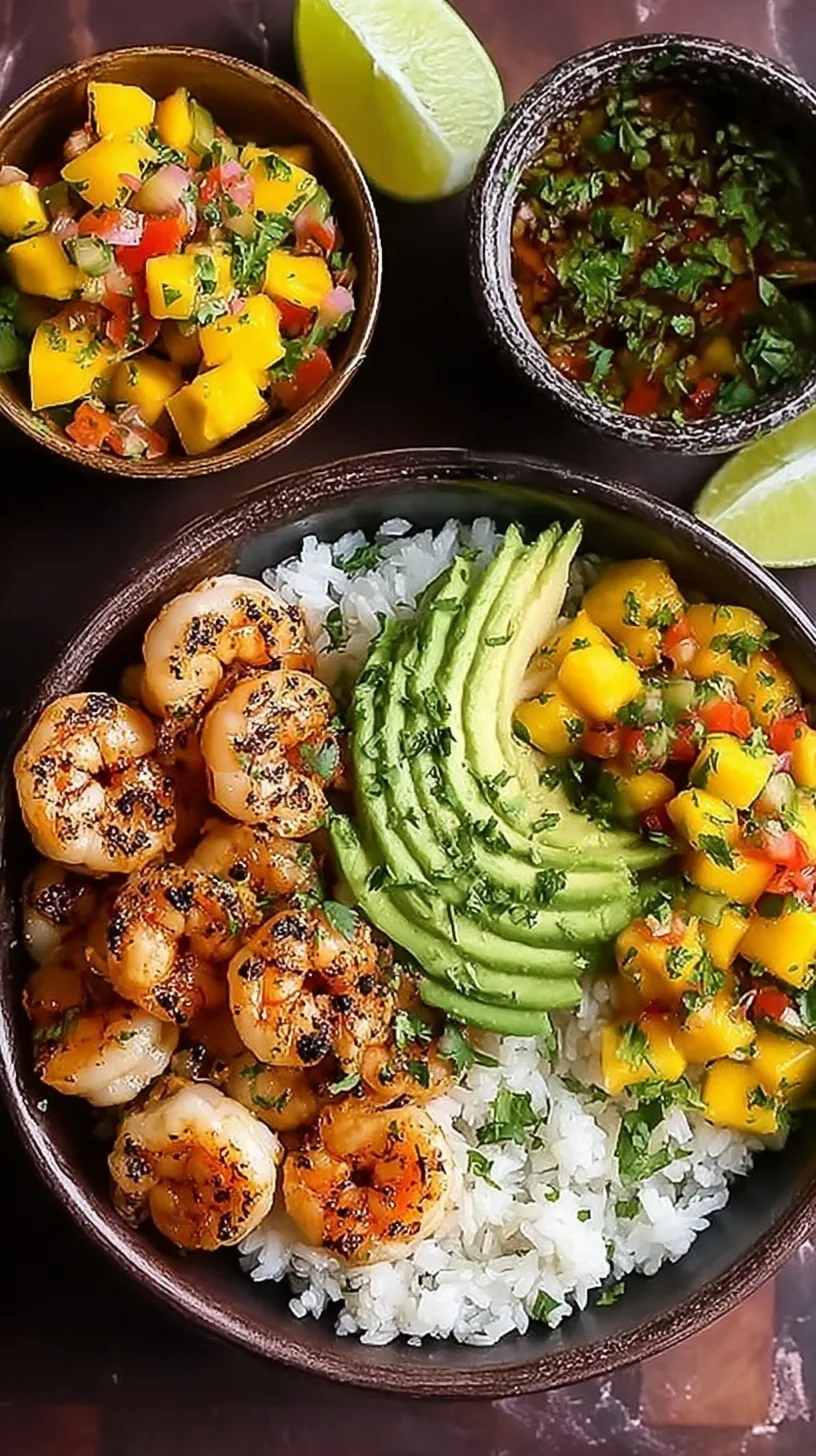 A vibrant Shrimp and Avocado Bowl topped with mango salsa and lime-chili sauce in a white bowl.