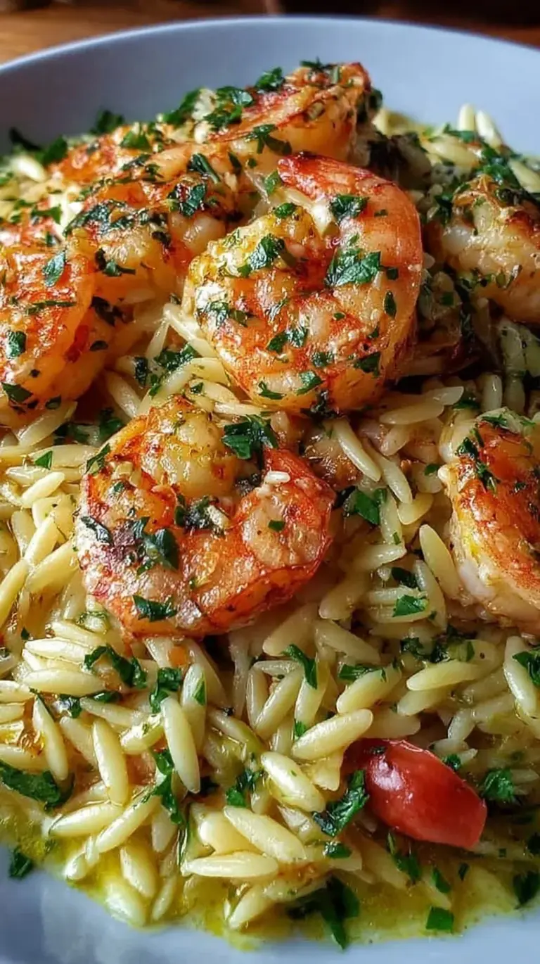 A skillet of creamy lemon garlic shrimp orzo topped with fresh parsley and parmesan cheese