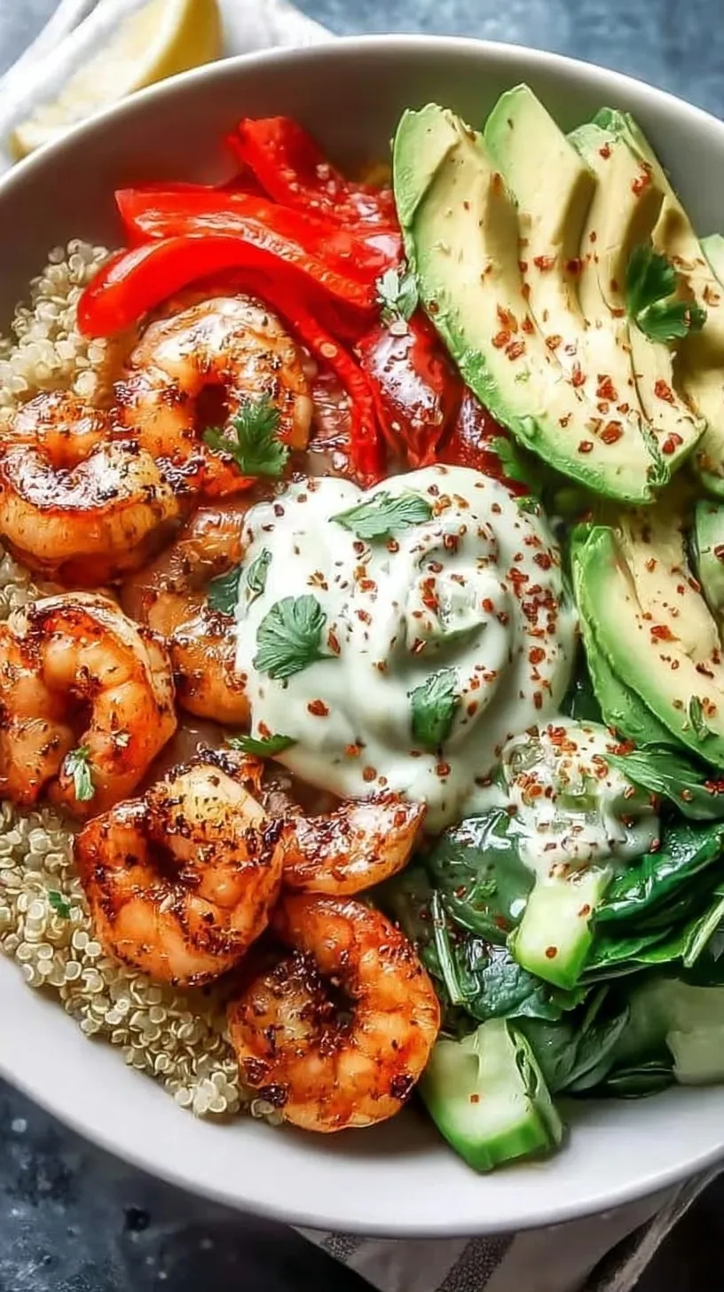 A vibrant Shrimp Quinoa Bowl topped with garlic shrimp, avocado, and cucumber