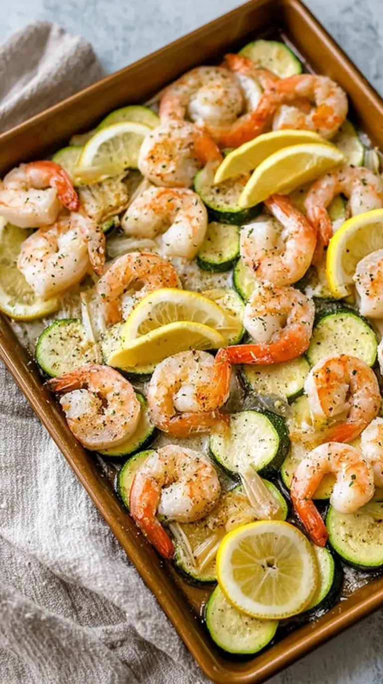 A sheet pan filled with roasted shrimp and asparagus drizzled in garlic butter sauce