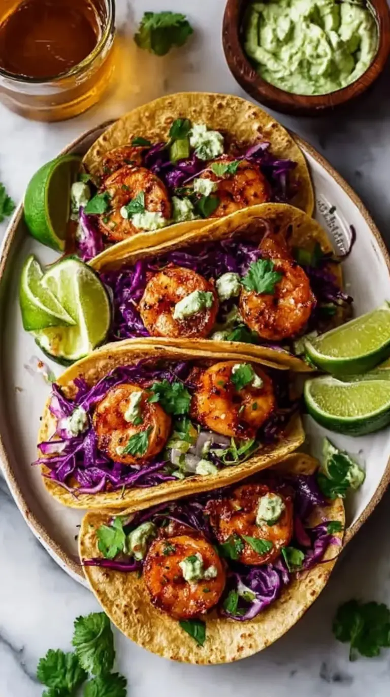 Platter of shrimp tacos with cilantro lime crema and cabbage