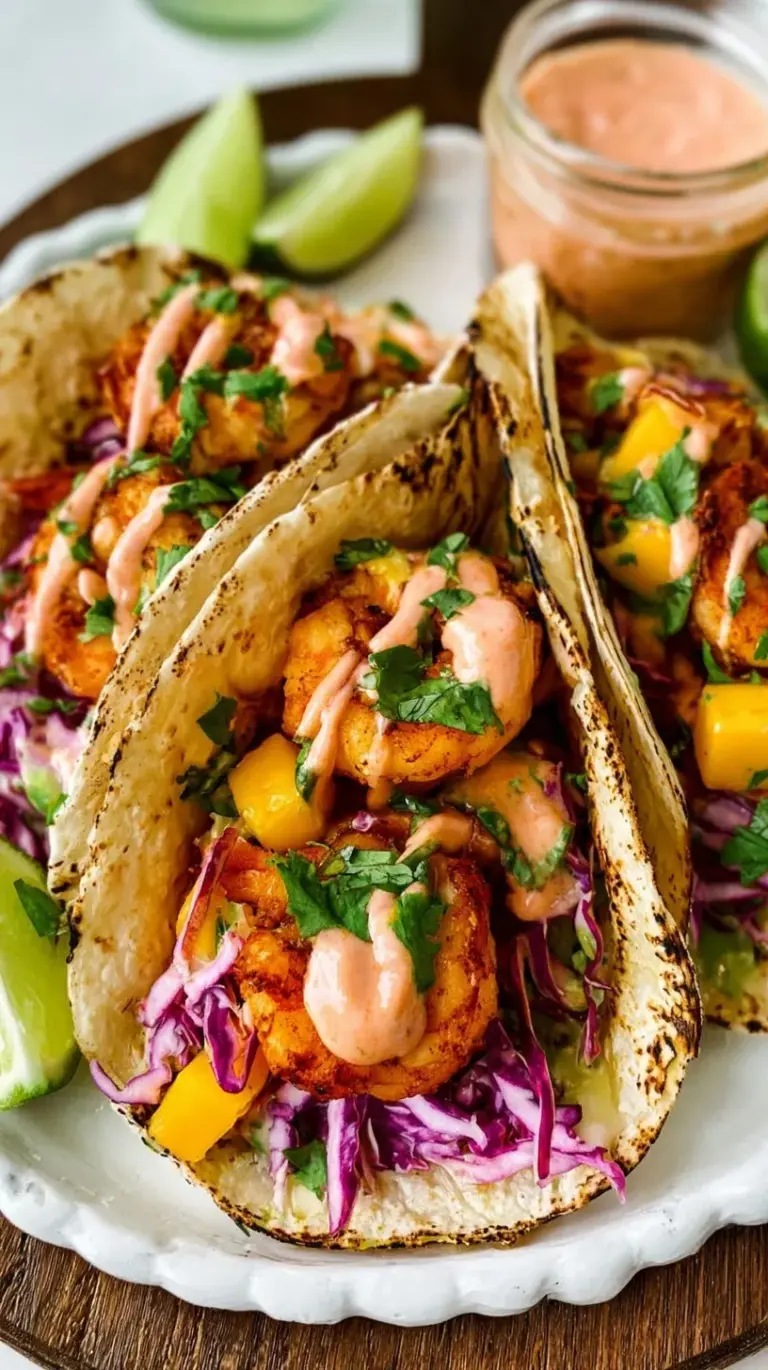 Platter of shrimp tacos topped with bright mango cabbage slaw and fresh cilantro