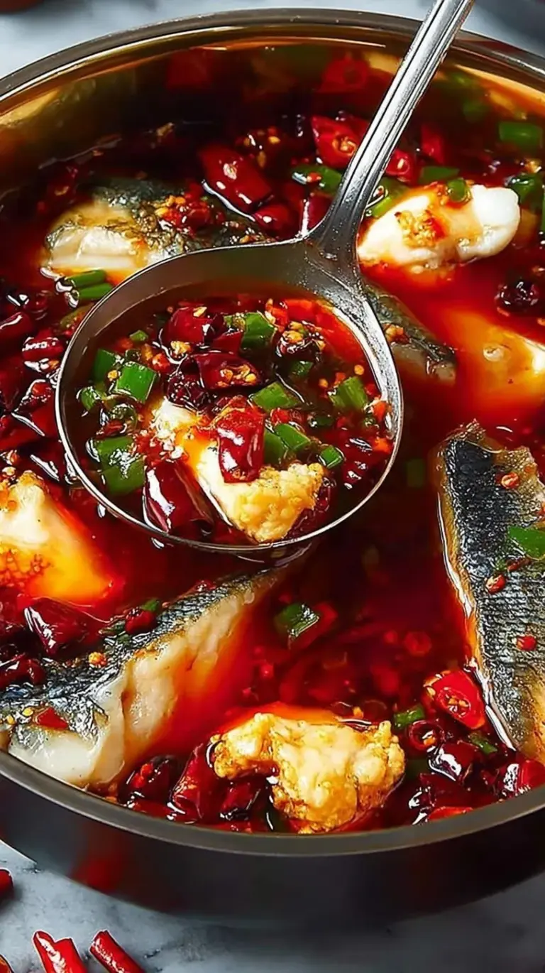 Tender white fish slices poached in a vibrant red chili oil broth with Sichuan peppercorns.