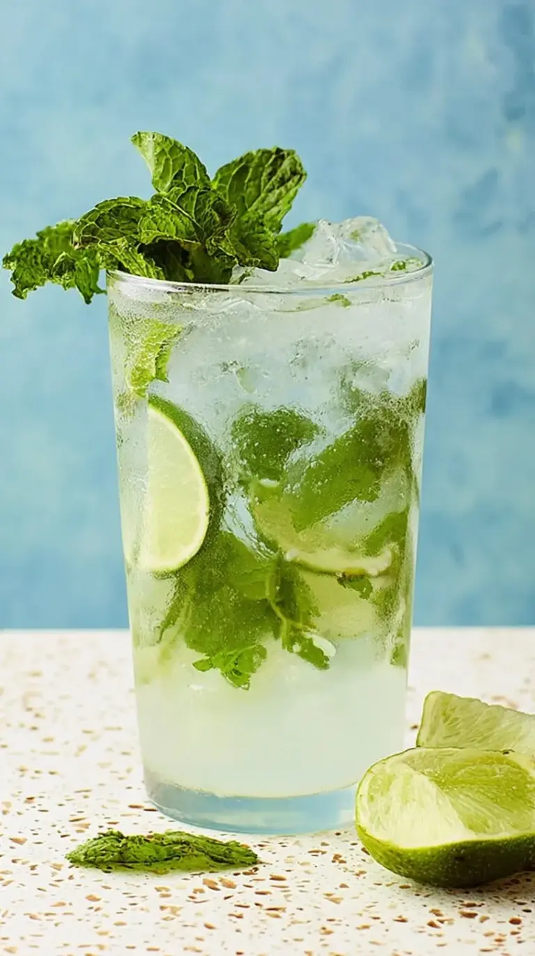 A refreshing Skinny Mojito in a tall glass with fresh mint and lime wedges