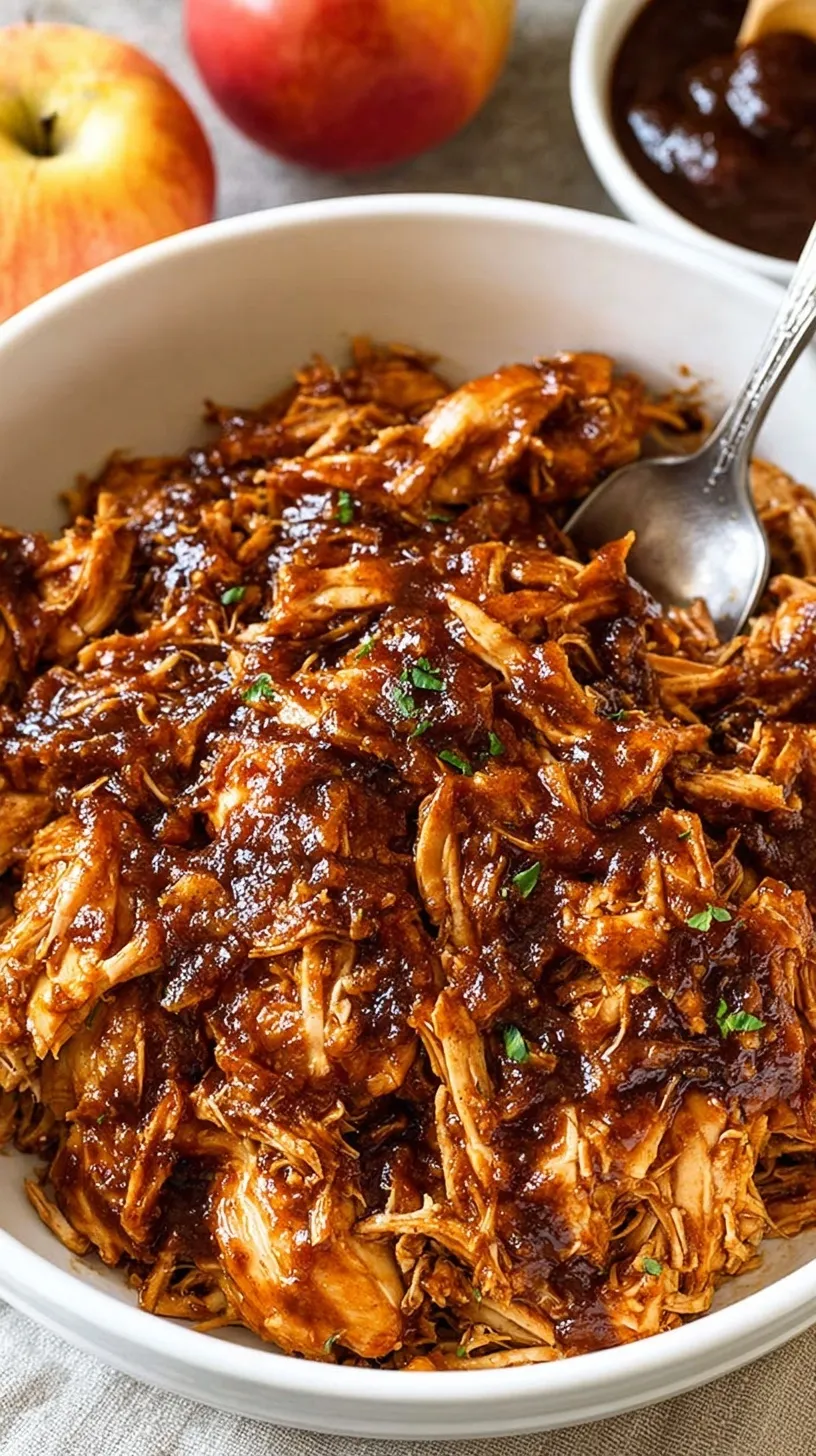 Shredded Slow Cooker Apple BBQ Chicken in a bowl with diced apples and sauce